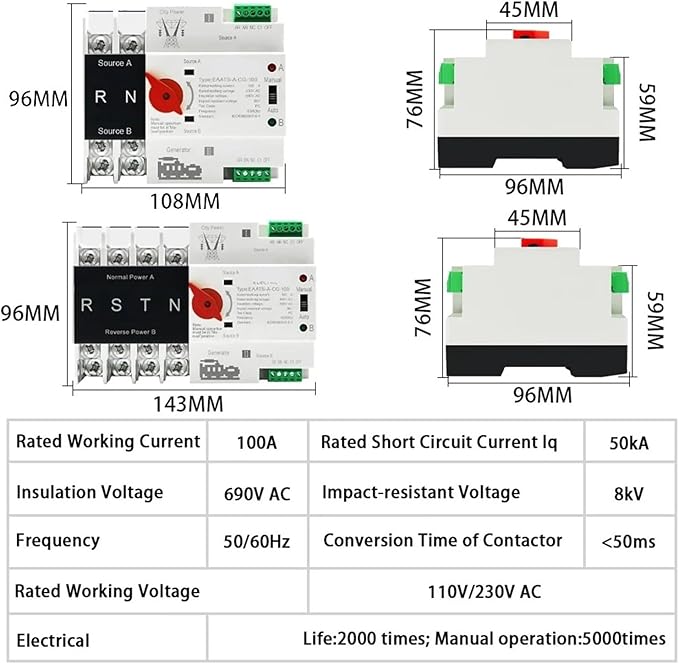 Dual Power Automatic Transfer Switch Single Phase Din Rail ATS PV 2P 4P 100A AC 110V 220V Dual Power Automatic Transfer Electrical Selector Switches Uninterrupted(City Grid-PV Energy,2P AC 220V)