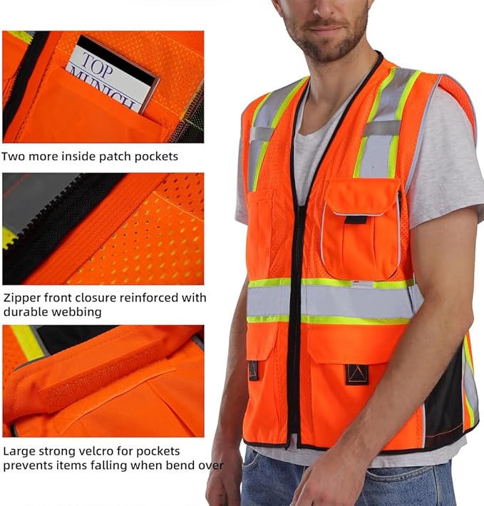 Dib Safety Reflective Vest Orange Mesh, High Visibility Vest with Pockets and Zipper, ANSI Class 2 Heavy Duty, Made with 3M Reflective Tape, 2XL