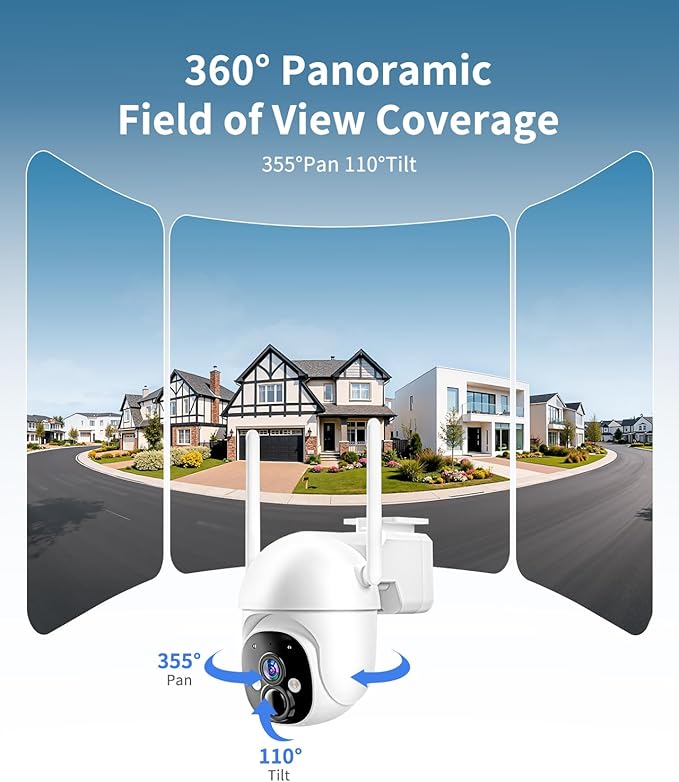 2K Solar Security Cameras Wireless Outdoor, 360° View Outdoor Camera for Home Security with Color Night Vision, Battery Powered, AI PIR Detection, Spotlight Siren Alarm, Only 2.4Ghz WiFi