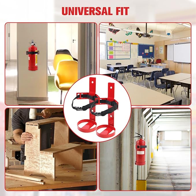 Fire Extinguisher Mount, 2.5LB Fire Extinguisher Bracket Wall Hanging Holder with Adjustable Straps for Home, Office, Garage (Red 2Pcs)