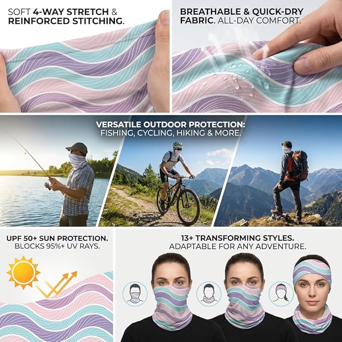 UPF 50 Sun Protection Neck Gaiter - 13-in-1 Multifunctional Face Cover for Hiking, Fishing, Cycling