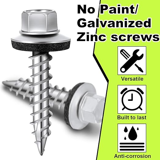 Tandefio Zinc Hex Head Metal Roofing Screws Galvanized Roof Self Starting Tapping Siding Sheet with Rubber Washer Seal for Wood Panels Summer (500 Pcs, #10 x 1)