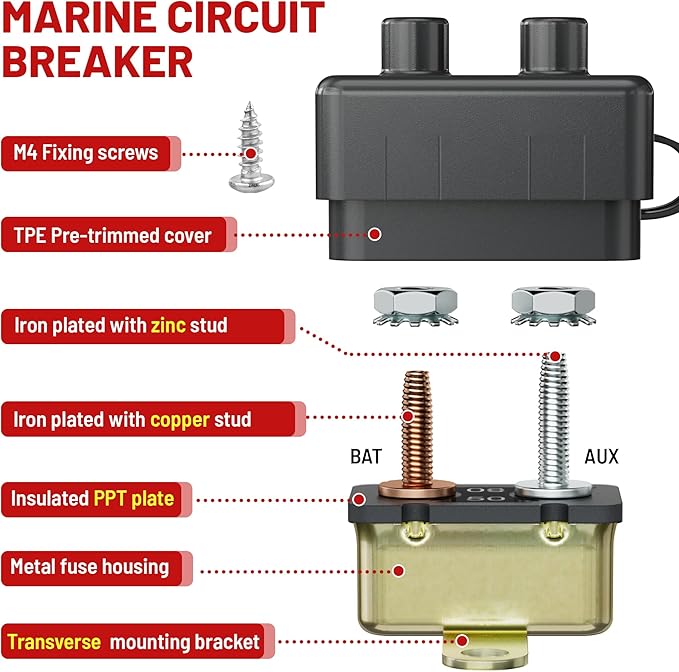 RED WOLF (30A 1PCS) DC 6V-50V Automatic Reset Circuit Breaker #10-32 Stud Bolt Type Circuit Breaker with Metal Fuse Housing Pre-Trimmed Cover Reusable for Boat Marine Trolling Motor RV Battery System