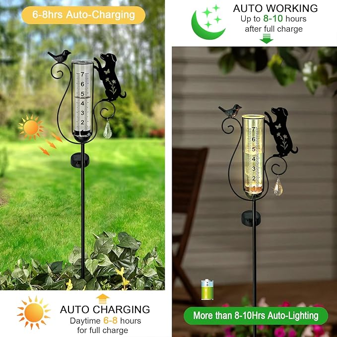Rain Gauge Outdoor with Large Number Scale,Solar Powered Decorative Dog and Bird Garden Stake for Outside,Yard, Lawn, Pathway