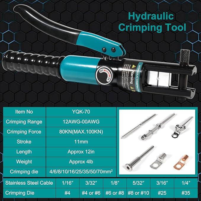 10-Ton Hydraulic Crimping Tool with 9 Dies - Battery Cable Crimper Tool & Wire Rope Crimping Tool for 12 AWG to 2/0 AWG, 1/16" 1/8" 3/16" Stainless Steel Cable Railing Tool, Hydraulic Crimper