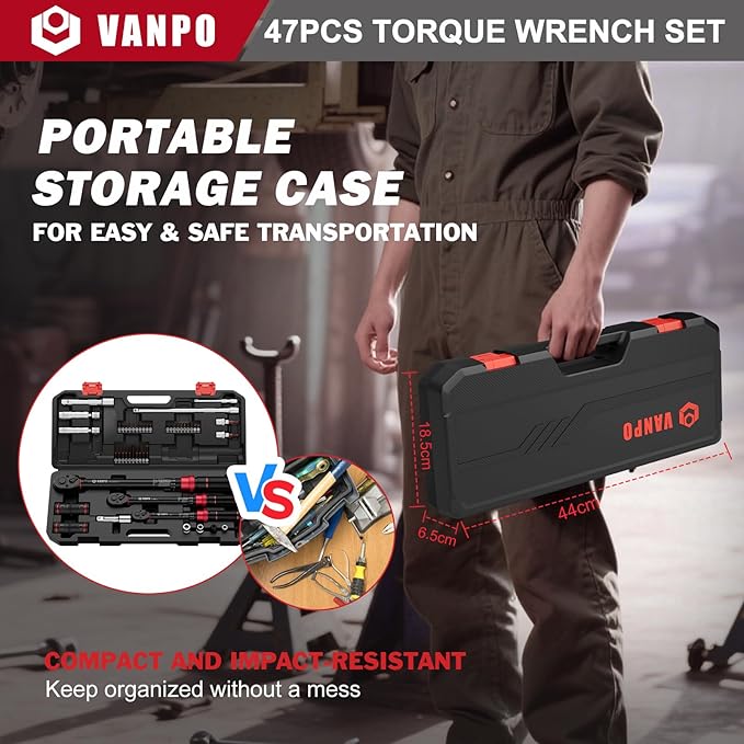 VANPO Torque Wrench Set 1/4, 3/8, 1/2-Inch Drive(20–240 in-lb, 5–45 & 10–170 ft-lb) Click Torque Wrenches Kit for Car, Motorcycle, Bike Repair - ±3% Precision, 72-Tooth, Dual Direction with Case
