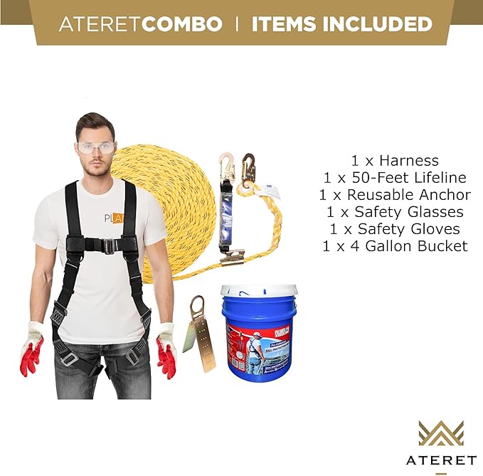 ATERET V5501 Roofing Bucket I 50 ft. Vertical Lifeline Assembly, Reusable Anchor, 5 Gallon Bucket, Safety Harness Kit