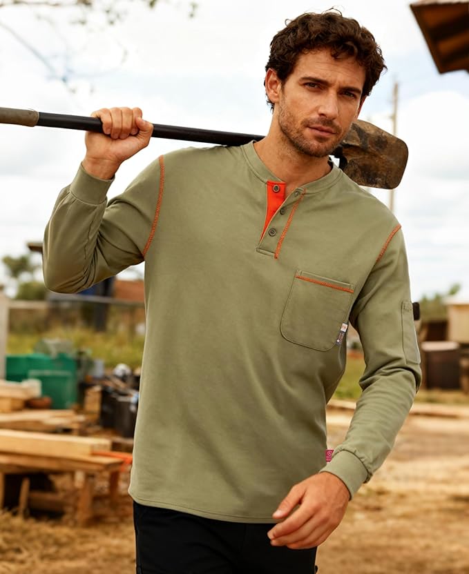 KONRECO FR Shirts for Men Long Sleeve 7oz Cotton Flame Resistant/Fire Retardant CAT2 Henley Shirt