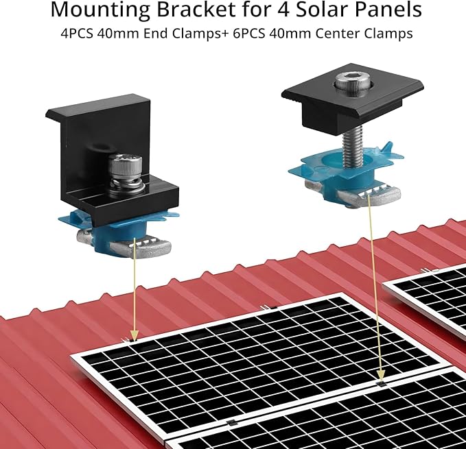 Anbte 10 PCS Solar Panel Mounting Brackets for Unistrut, Aluminium 35mm 6 x T-Shaped Mid Clamps + 4 x End Clamps, Solar Panel Mounting Kit for Metal, Tin, Flat, Sheet Roofs, RV, Black