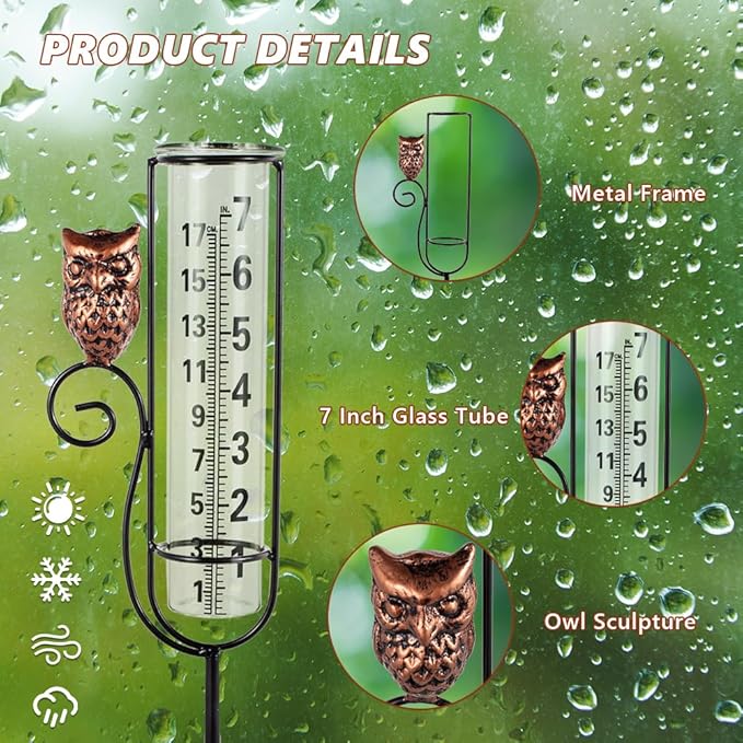 Owl Rain Gauges,Water Gauge for Rain with Metal Stake,7 Inch Freeze Proof Detachable Rain Gauge Outdoor Decorative for Measuring Precipitation