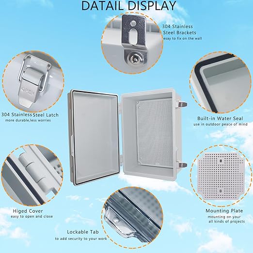 Outdoor Waterproof Box,IP67 ABS Junction Box Electrical Enclosure with Stainless Steel Latch, Hinged Cover Electric Box with Wall Brackets 13.8" Dx9.8 Wx5.9 H