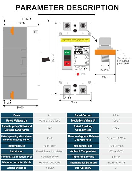 DIHOOL DC 200 Amp Breaker, 500V Battery Disconnect Switch for Main Power Station, UPS,Solar