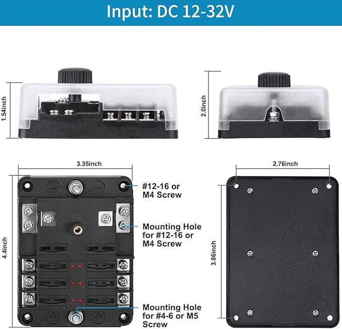 12 Volt Fuse Block, Waterproof 6 Way Fuse Box with 6 Ground Negative Busbar for Automotive[100 Amp Max] [ATC/ATO Fuses] [LED Indicator] [2 Spare Fuse Slots] for Car Boat Marine RV DC 12-24V