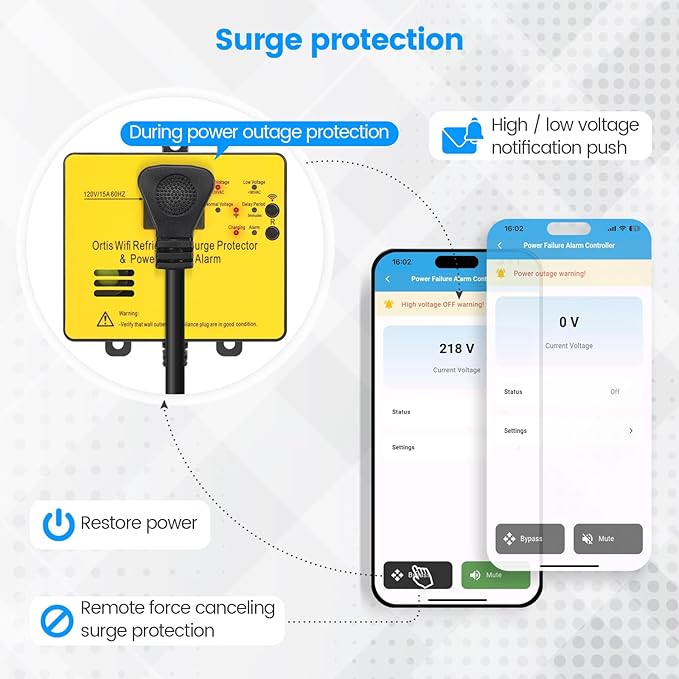 Wi-Fi Smart Power Failure Alarm with Surge Protector, Remotely Monitor and Control Your Refrigerator Via App, Ensuring The Safety of Refrigerator and Food Stored Inside, Yellow