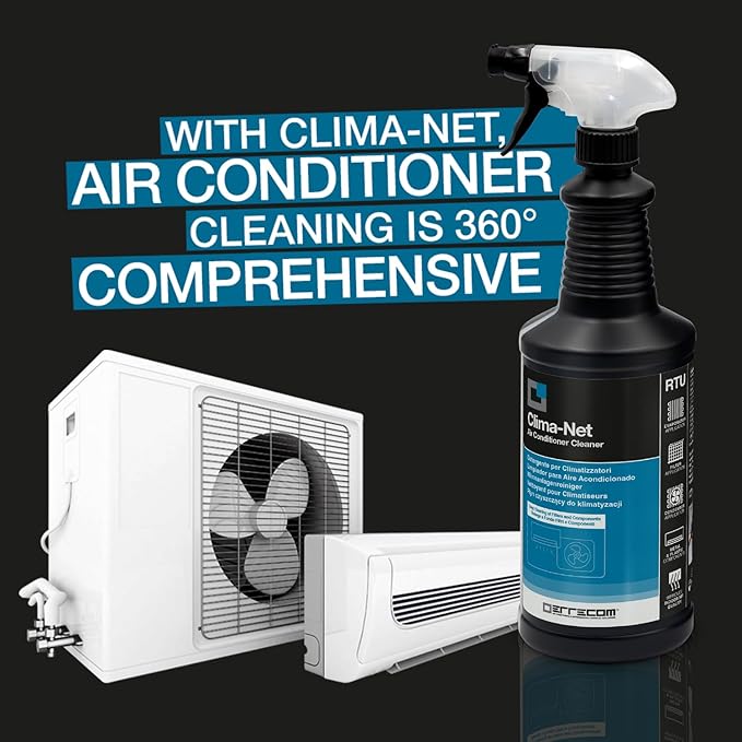 ERRECOM Clima-Net, Air Conditioner Cleaner for Central AC and Split AC, Cleans Air Ducts, AC Filters, Evaporator/Condenser Coils, Improves Airflow and Indoor Air Quality, 1 L Bottle (34 fl oz)