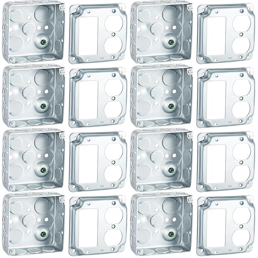 8 Set 4 × 4" Electrical Junction Box with Cover Electrical Metal Outlet Box, 21.0 Cu. in. Capacity Receptacle Exposed Work Cover, 1-1/2'' Deep (1 Gfci and 1 Duplex)
