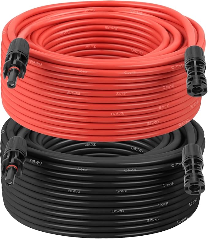 Solar Extension Cable 8AWG 100FT 2-Pack (Red + Black), PV Wire with Male/Female Solar Connectors, Weatherproof Solar Panel Wire for RV, Boat, Inverter, Off-Grid Systems