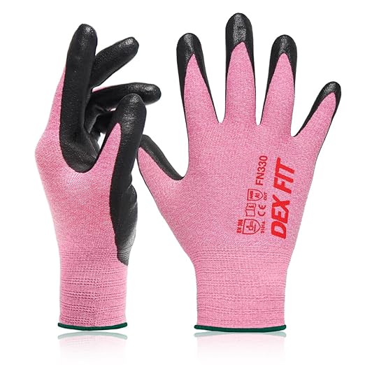 DEX FIT Nitrile Work Gloves FN330, 3D-Comfort Stretchy Fit, Firm Grip, Thin & Lightweight, Touch-Screen Compatible, Durable, Breathable & Cool, Machine Washable; Pink M (8) 12 Pairs