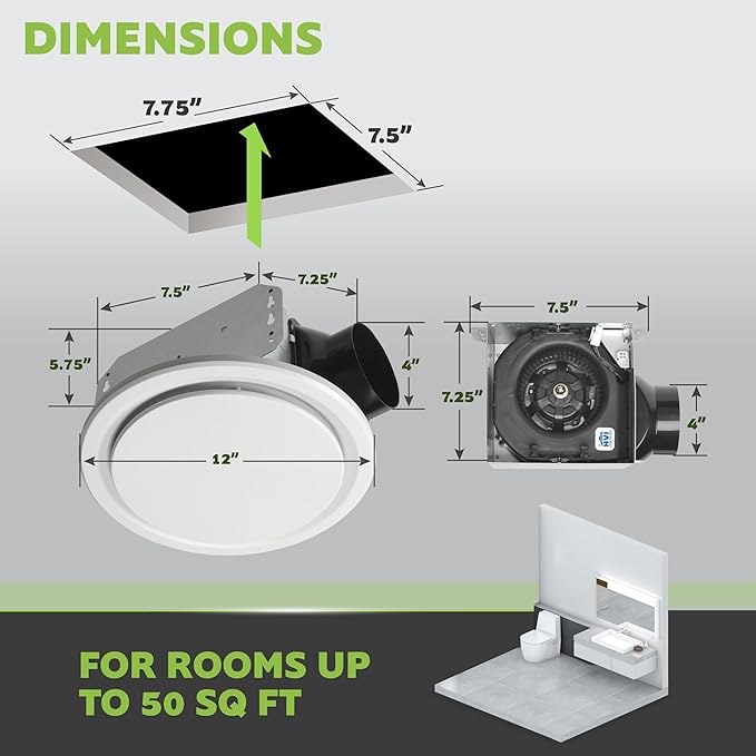 Homewerks 7140-50-G3 Bathroom Fan Ceiling Mount Exhaust Ventilation, Ultra Quiet 1.0 Sones, 50 CFM, White