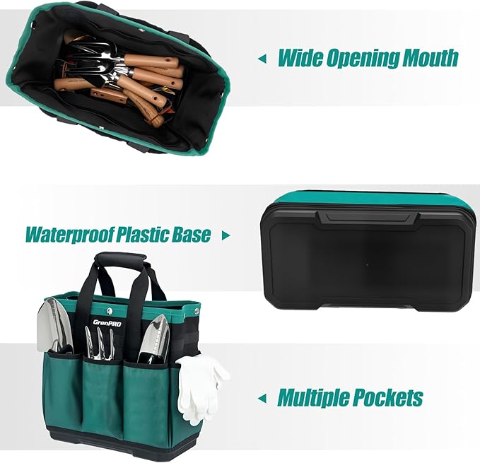 Garden Tool Bag Molded Bottom, Heavy Duty Tool Tote Toolbox with 10 Pockets, Reinforced & Top Snap Closure for Gardening Tools Storage, Dark Green(Tools Not Included)