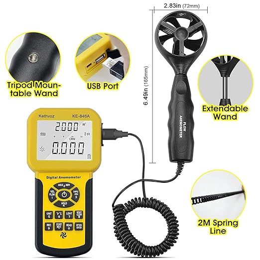 Kethvoz HVAC Anemometer CFM Wind Speed Meter, Digital Airflow Tester Measure Air Velocity Volume Temperature for AC System, Industrial Anemometro with Backlight MAX MIN AVG Data Storage KE-846A