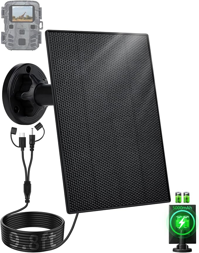 Trail Camera Solar Panel, 3W Solar Panel Charger with 5000mAh Battery and 6V USB-C & DC Port 9.8ft Cable, IP65 Waterproof Solar Panel for Trail Camera,Game Cameras Accessory (6V)