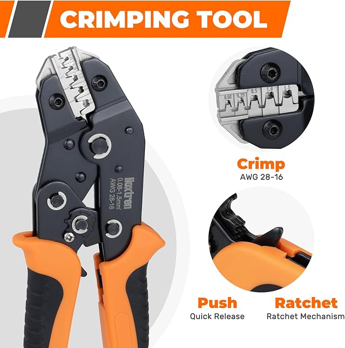 5-in-1 Wire Crimping Tool, AWG 28–16 Ratcheting Crimper for Non-Insulated Open Barrel Terminals – Fits Deutsch, Delphi, AMP, JST, Dupont, Molex, TE & More Automotive Wire Connectors