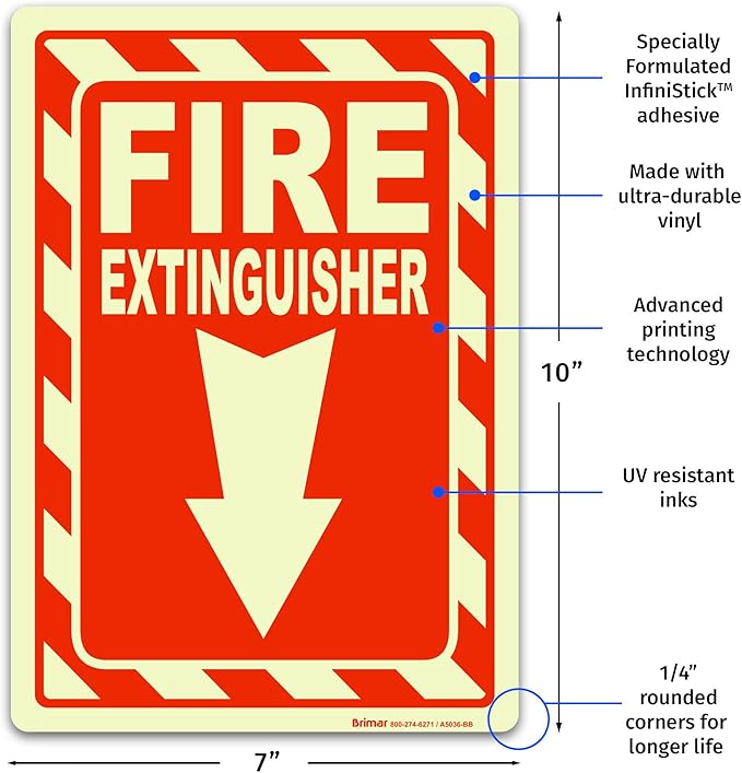 Brimar - 7" x 10" - Fire Extinguisher Sign - 4 Mil Glow-in-the-Dark Peel and Stick Polyester Label - Easy Installation - Versatile Use