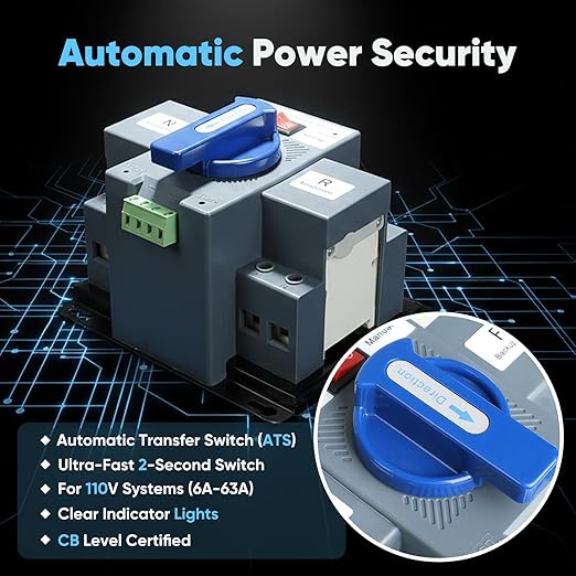110V Automatic Transfer Switch, 2P 63A ATS Generator Changeover, 50/60Hz Dual-Power Changeover with Auto/Manual Modes, ~2s Transfer, Rotary Type, Clamp Terminals, CE Certified