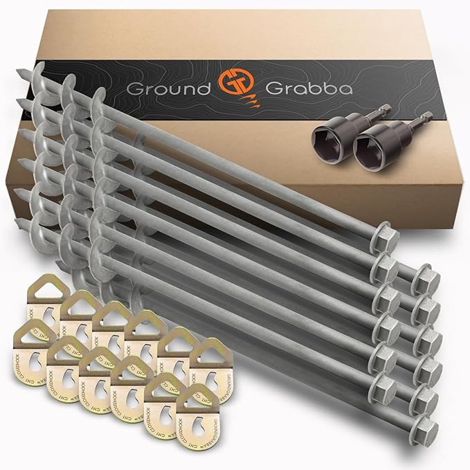 GROUNDGRABBA Screw in Tent Stake for Normal to Hard Ground | Premium Drill Driven Ground Anchor Earth Screws | 12X Pro I Stakes (1.5 Foot), 12X GroundGrabba Closed Hooks, 1X 5/8" Hex Socket Driver