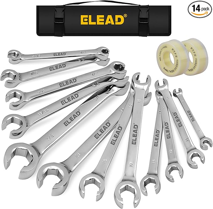 ELEAD 14-Piece Flare Nut Wrench Set with PTFE Tape, Metric & SAE 1/4"-7/8"& 6-21mm, Brake Line Wrench Set Double Open End with Organizer Pouch for Repairing and Removing Nuts