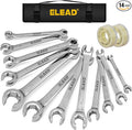 ELEAD 14-Piece Flare Nut Wrench Set with PTFE Tape, Metric & SAE 1/4"-7/8"& 6-21mm, Brake Line Wrench Set Double Open End with Organizer Pouch for Repairing and Removing Nuts