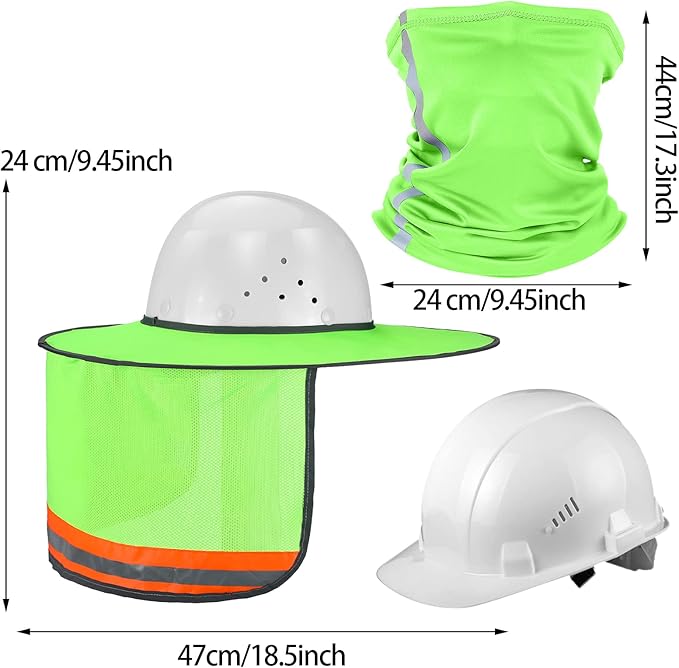 SATINIOR 2 Pcs Sun Hard Hat Neck Protection High Visibility Full Brim Mesh Sun Protection and Neck Gaiter Bandana Face Scarf for Construction Helmet Hard Hat Accessories, Reflective(Green)