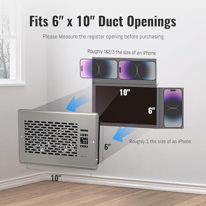 Register Booster Fan for 6" x 10" Register Holes, Quiet Vent Fan Booster with Intelligent Thermostat, Improves Heating Cooling, App Control, 10-Speeds, Manhattan Smart Register Vent, SN