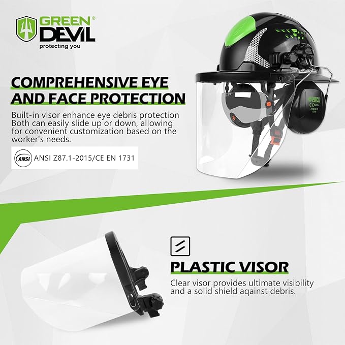 GREEN DEVIL Industrial Chainsaw Helmet with Face Shield Built in Visor and Ear Muffs 4 in 1 System ANSI Z89.1 Safety Hard Hat Adjustable Headgear Ideal for Forestry and Arborist Work Full Brim Style