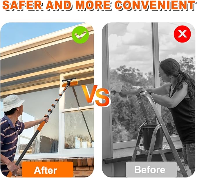 30FT Reach 2-in-1 Window Squeegee, Professional Window Washing Kit with 5-24FT Extension Pole for Home, Indoor Outdoor Squeegee with Rotatable Head for High Windows