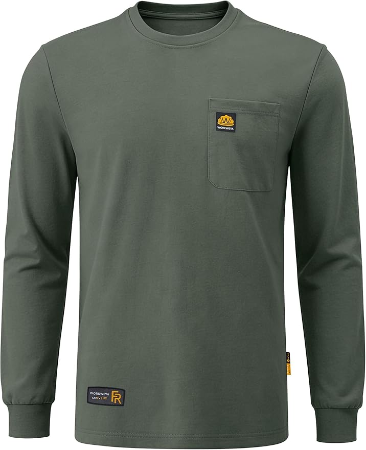 WORKWEYA Men's FR Shirts 6.5oz Lightweight Long Sleeve Flame Resistant T-Shirt NFPA 2112/CAT2