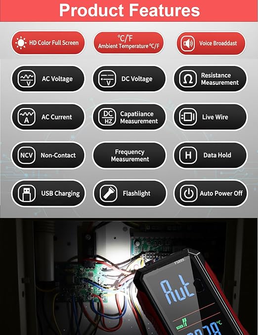 Digital Multimeter, 2026 Upgraded FS899L Multimeter, USB Rechargeable Digital Multimeter, Measures Voltage Automatic Digital Display Multimeter Tester for Home and Industrial Electrical Issues (Red)