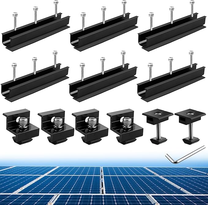 Anbte 6Pcs Solar Panel Mounting Brackets, Aluminium 7.87" Solar Panel Mounting Rail & 30mm/35mm End Clamp & Mid Clamp, Solar Panel Mounting Kit for Metal Roof, Tin Roof, Flat Roof, Sheet Roof, Black
