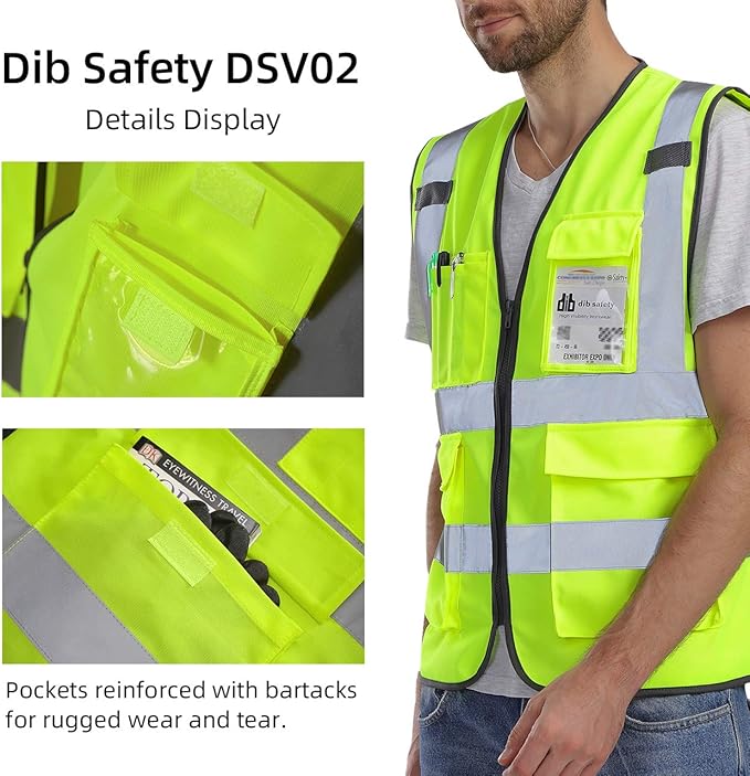 Dib Safety Reflective Vest ANSI Class 2, High Visibility Vest with Pockets and Zipper, Construction Work, Hi Vis