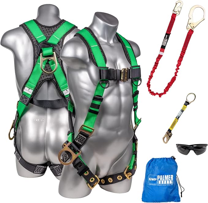 Palmer Safety Fall Protection Safety Harness Kit I Construction Harness + Various Lanyard + D-Ring Extender