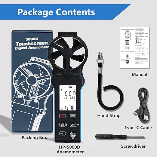 HoldPeak CFM Meter HVAC Anemometer with 270º Rotatable Detector, Handheld Wind Speed Meter Gauge with Touch Button, Waterproof Rechargeable Air Flow Velocity Measuring Device for HVAC Outdoor Sailing