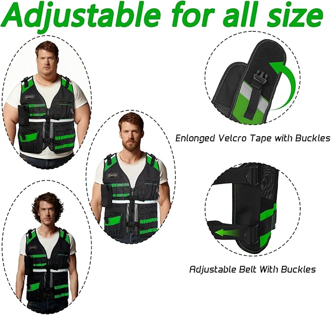 Electrician Tool Vest for Men, Reflective Safety Work Vest with Adjustable Thick Straps, Removable Phone Holder for Electrical, Carpenters, Construction, 22 Pockets.Green