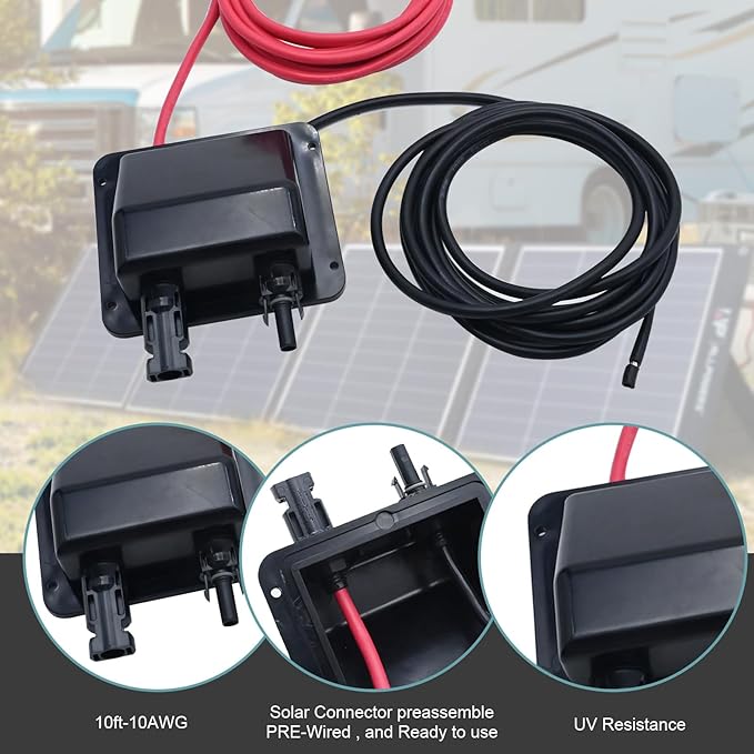 VIKKSAER Solar Cable Entry Gland Box, 10FT 10AWG Soft Solar Extension Cable and Connector, UV Resistance Dual Cable Entry Gland Housing on RVs, Caravans, Boats, Campers (Black(10FT))