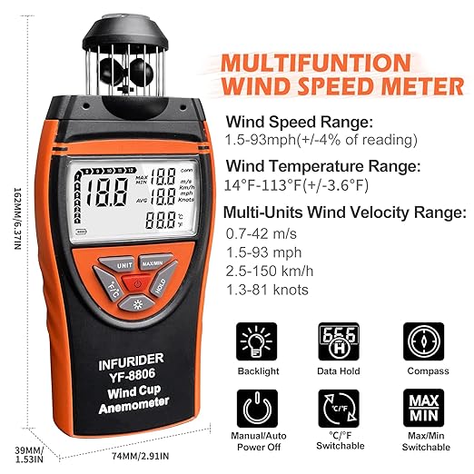 Handheld Wind Cup Anemometer,INFURIDER YF-8806 Digital Wind Speed Gauge Meter Shows Wind Temperature,Max/Min/Avg Air Volume,Wind Velocity/Direction w/Compass for HVAC Weather Monitoring
