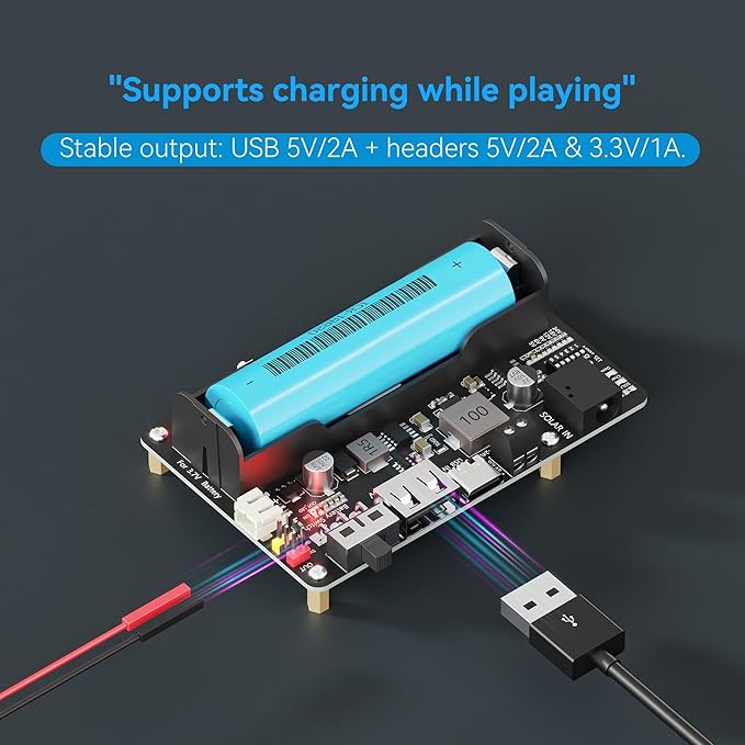 Solar Energy Manager MPPT Module, 5-24V Solar Panel / USB-C Charging for 3.7V 18650 Li-ion Battery, 5V USB Output + 5V/3.3V Header Output, Multi-Protection, Compatible with Raspberry Pi 3/4/5 Mounting