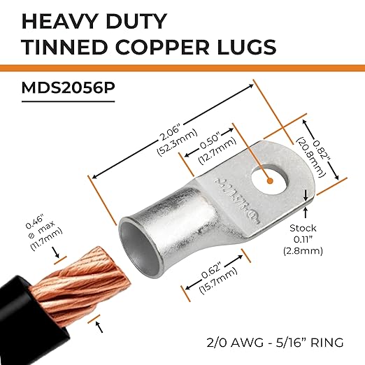 SELTERM 10pcs 2/0 AWG-5/16" Stud Tinned Copper Wire Lugs, Heavy Duty Battery Cable Ends, 00 Gauge Ring Terminals, UL Battery Lugs Marine Grade Copper Eyelets Electrical Terminal Connectors