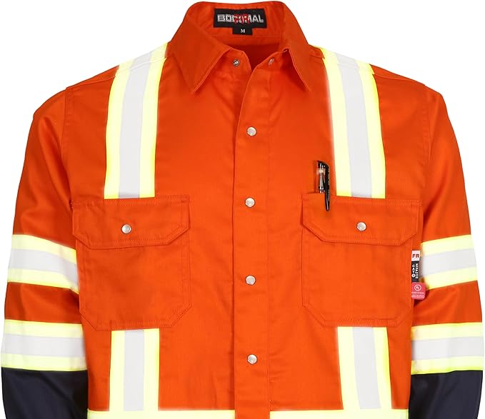 BOCOMAL FR Shirts for Men Hi Vis High Visibility 6.5oz Lightweight Type O Flame Resistant Refective Safety Shirt
