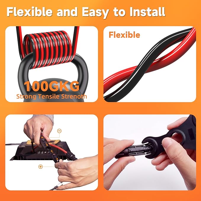 Solar Extension Cable 10 Gauge Panels Wire 3Ft 10AWG (6mm²) PV Wires SJZSUNRUN Tinned Copper Cables with 2 Pairs Solar Connectors for Outdoor Automotive, Marine, (Black&Red)