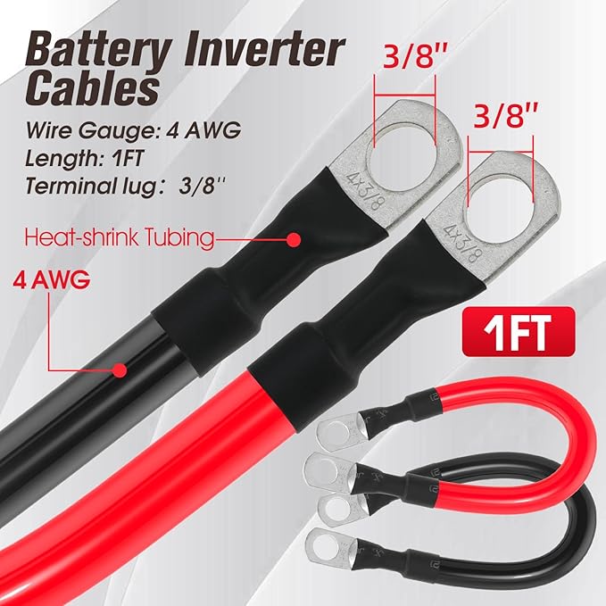 4 AWG Battery Cable 4AWG Gauge Battery Inverter Cables for Automotive Solar Marine Boat RV Car Motorcycle (4 AWG, 1FT, 3/8")